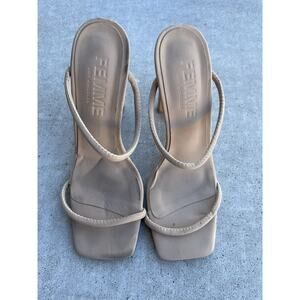 Femme Nude Leather Square Toe Minimal Slip On Mule Slide Sandal Heels Size 6